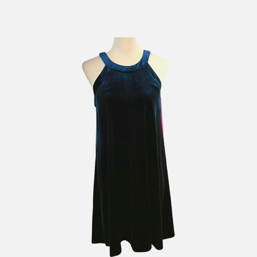 Navy Velvet Halter Swing Dress - Picture 2 of 12